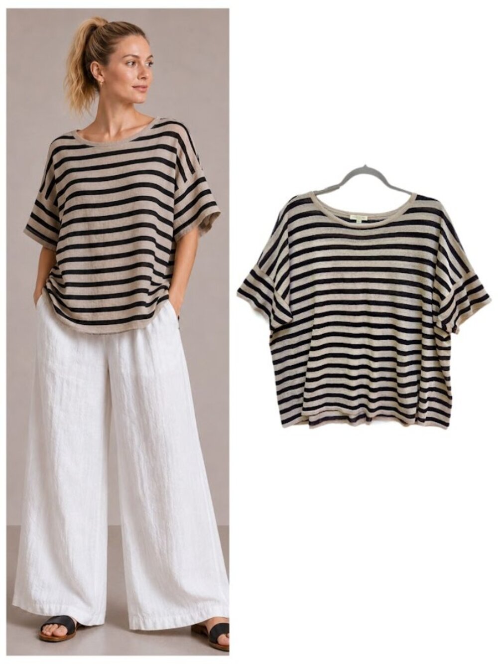 Eileen Fisher Woman Linen Blend Short Sleeve Top Boxy Striped Black Tan 1X